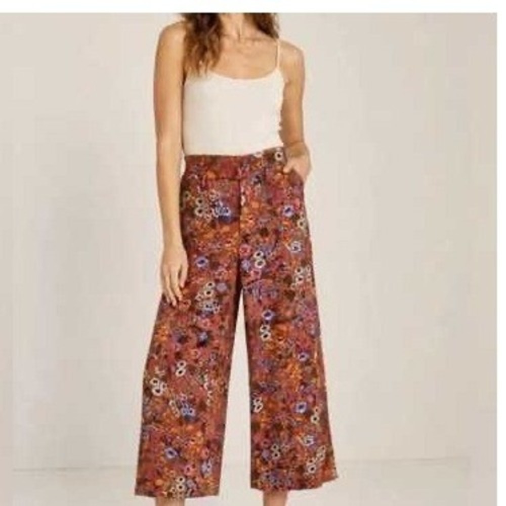 Maeve Anthropologie Womens 10 Floral Wide Leg Crop Pants Rust Orange Botanical